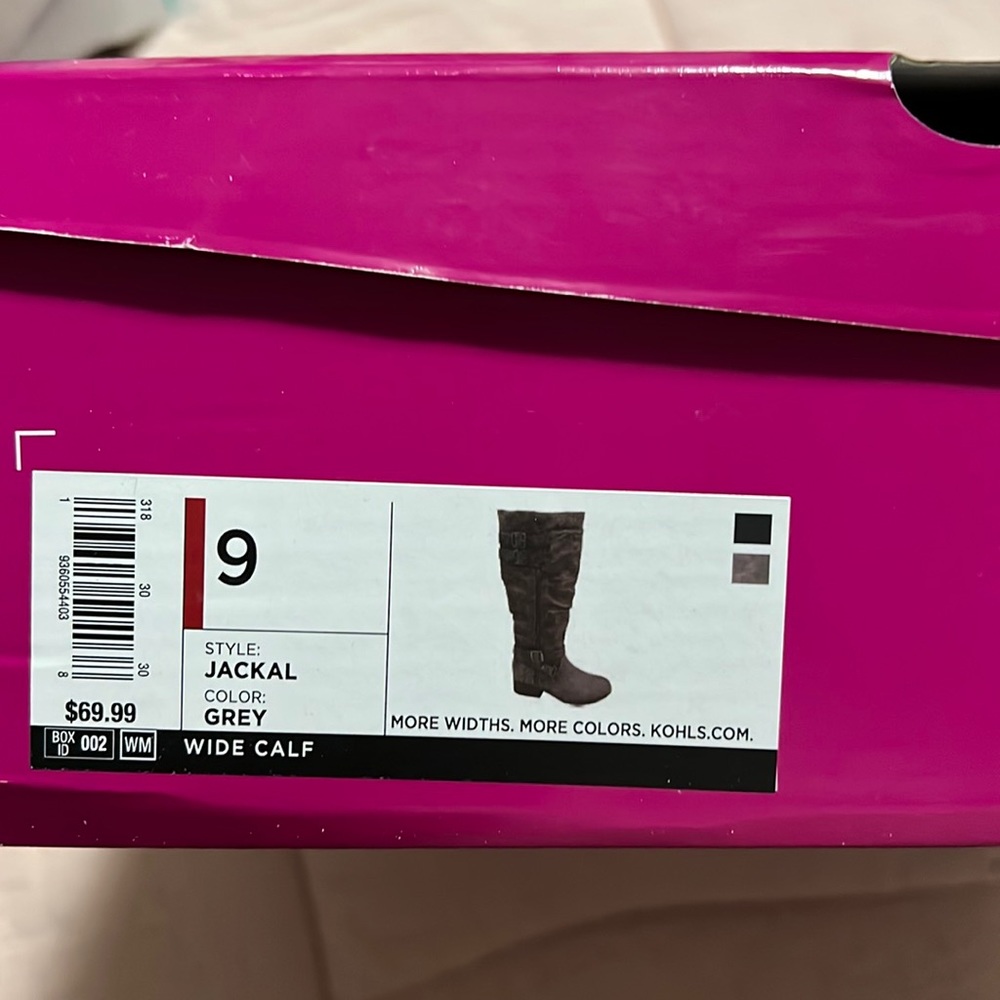 Brand new, in box, wide calf grey boots